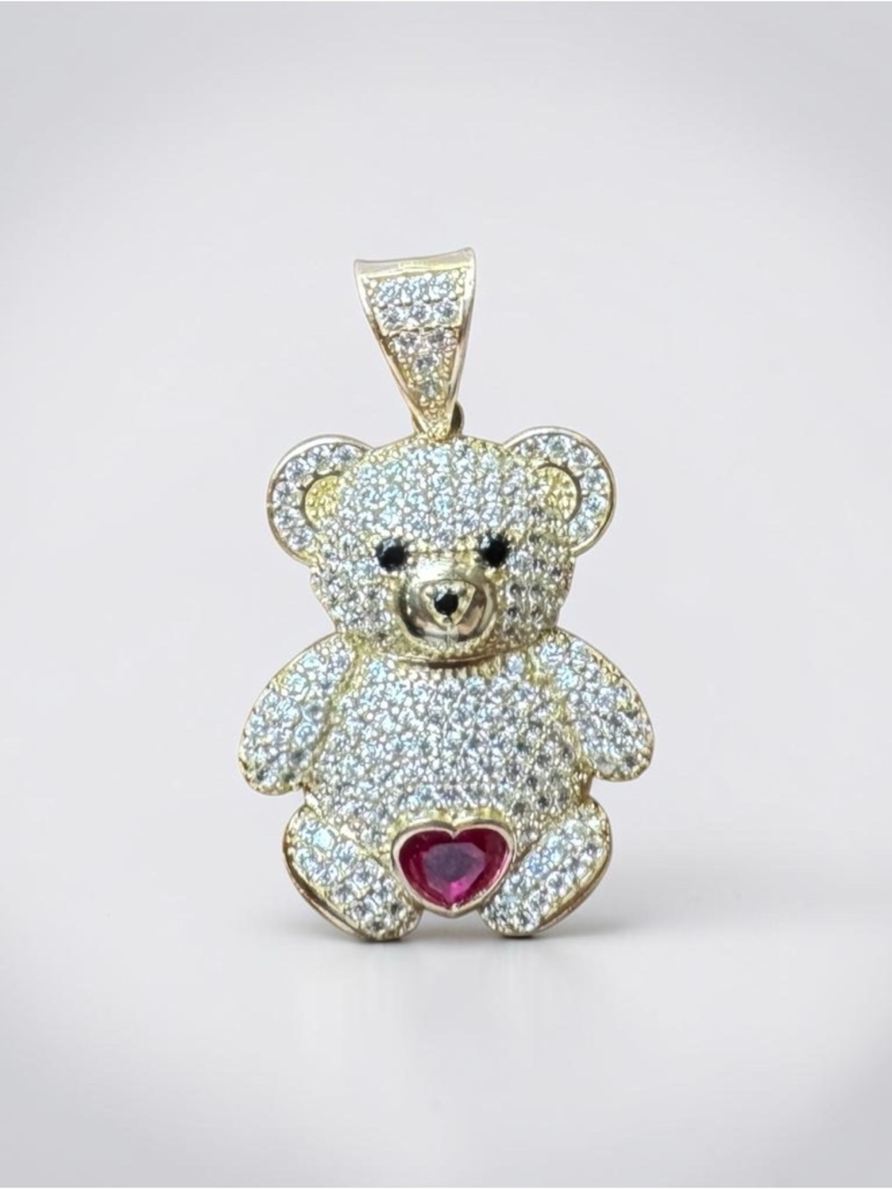 14K Gold Teddy Bear Pendant with Red Heart Accent